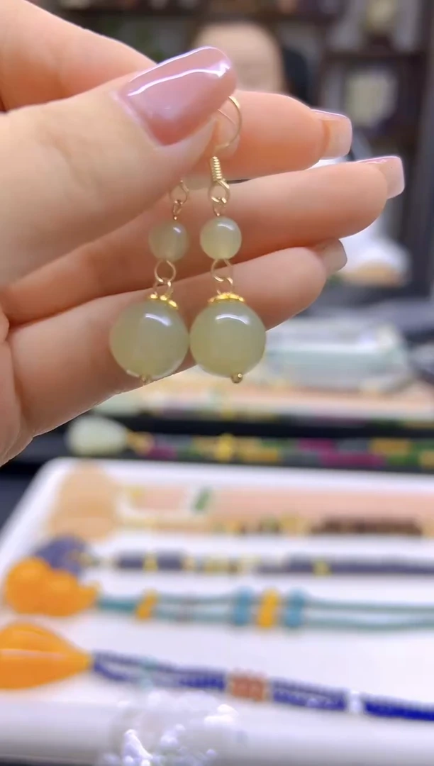 和田玉14K金镶嵌耳饰DIY款E774