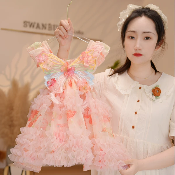 【Y.d4124】25夏季新款女童飞飞袖亮片 公主裙女宝洋气蝴蝶结连衣裙