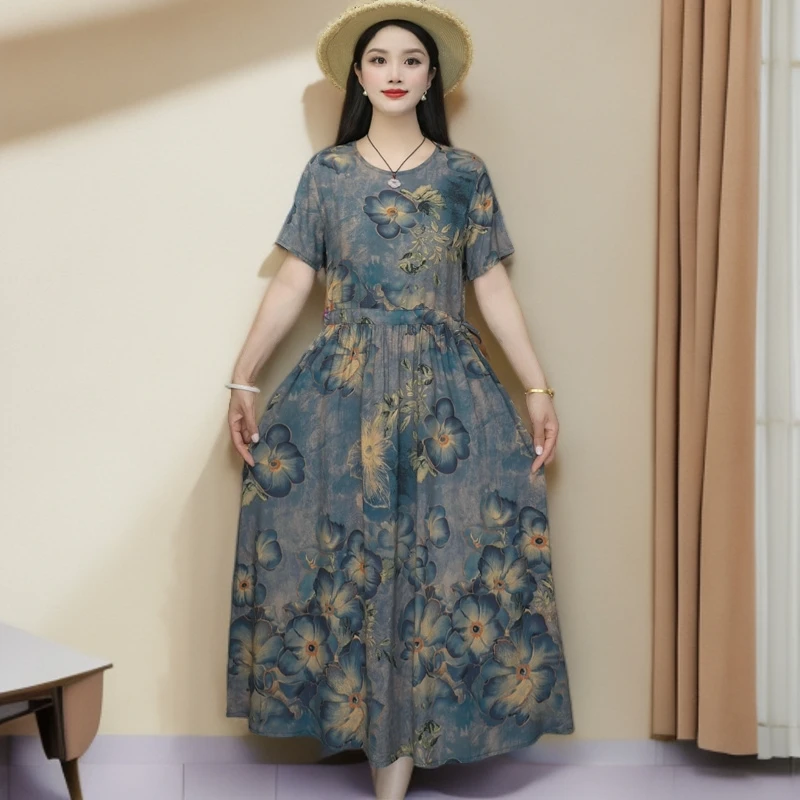 妈妈装中长款棉绸裙子中老年夏季新款时尚短袖系带大码宽松连衣裙