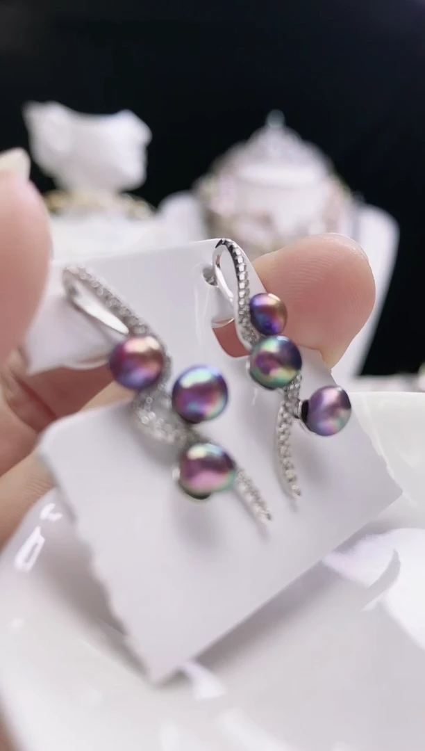 银S925镶嵌耳钉淡水珍珠淡水紫珠耳钉