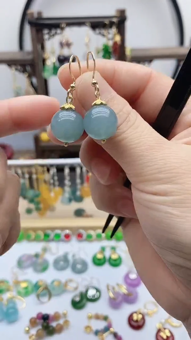 14K金镶嵌石英质玉（天山翠）耳饰43