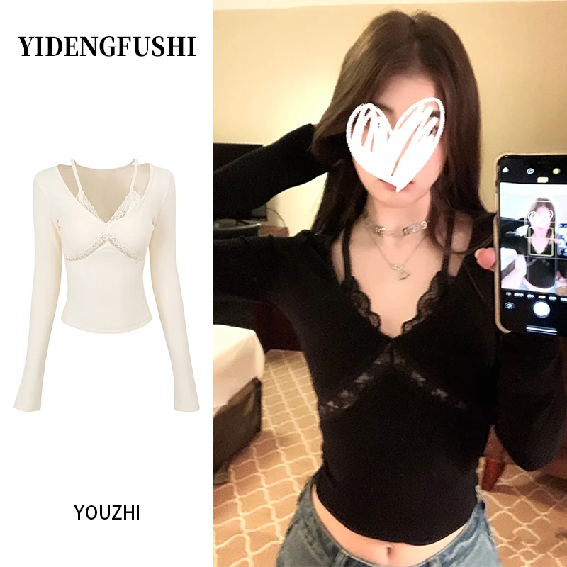 V领性感风别致假两件蕾丝拼接长袖t恤女秋季辣妹修身减龄打底上衣