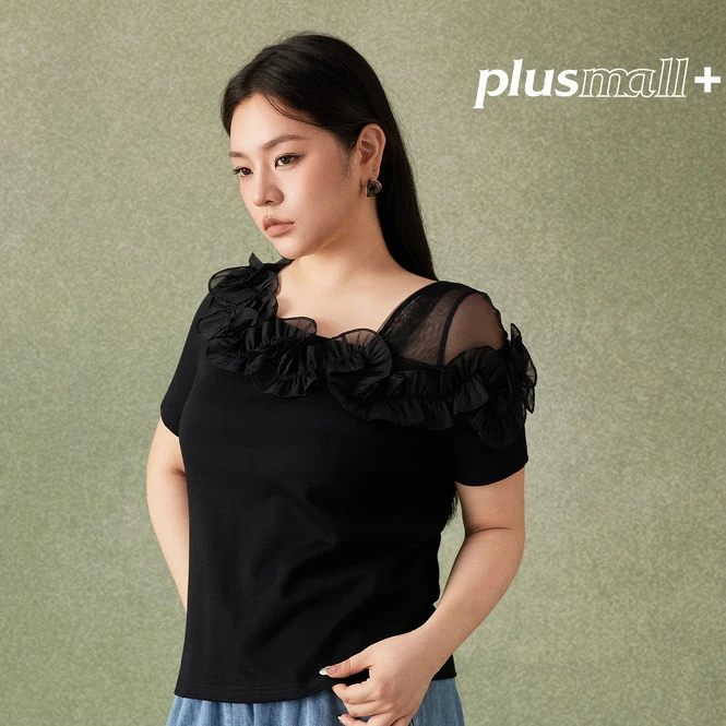 PLUSMALL 云纱花蕊 针织罗马布微弹网纱花朵短袖T恤上衣PM2505128