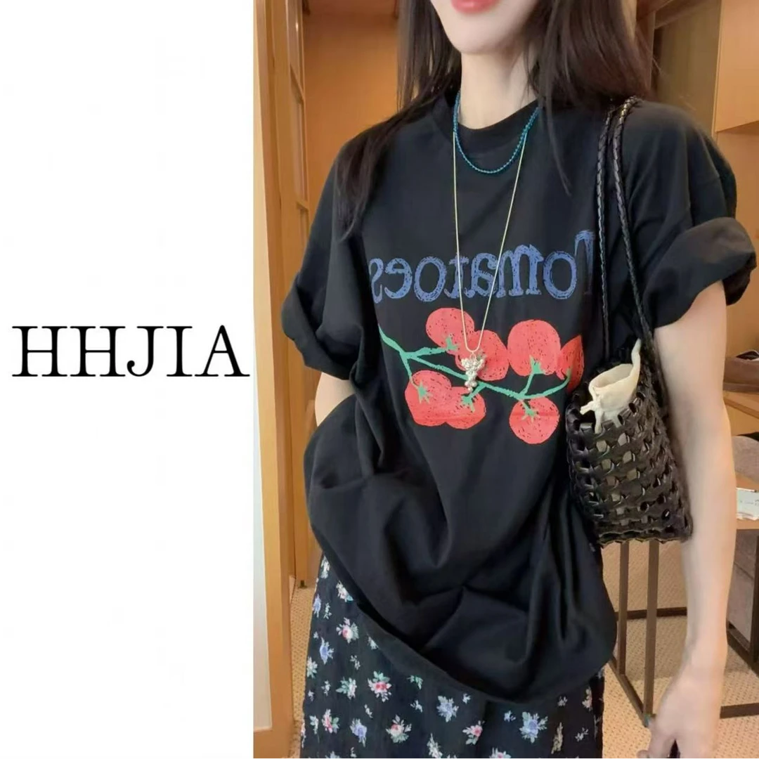 【慧慧家】韩国.2025定制款 韩系时尚黑色宽松番茄图案T恤