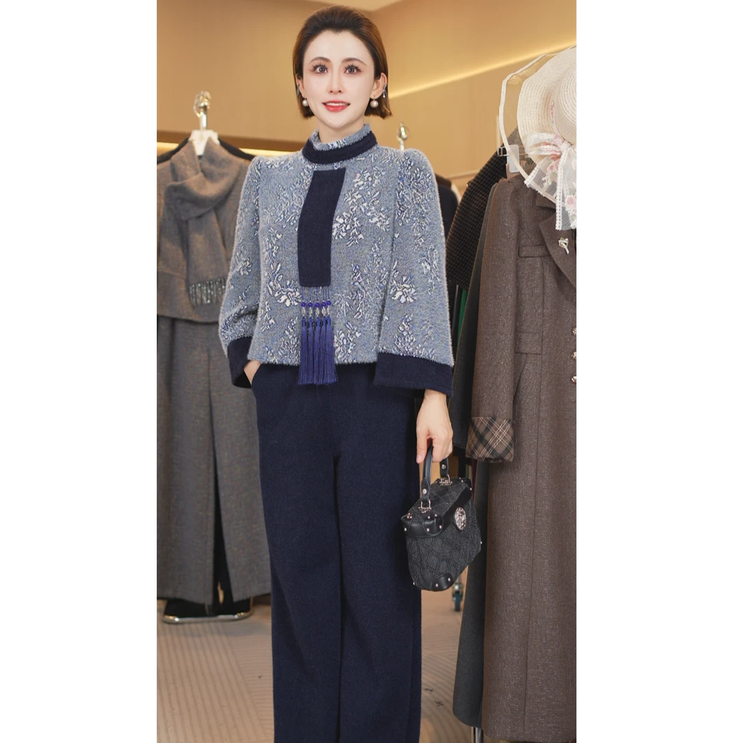 W8160小香风时尚套装女2025新款秋冬高级感贵夫人妈妈两件套裤