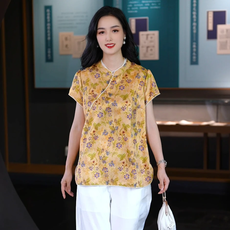 盘扣复古印花薄款民族风小衫新中式文艺中老年女装