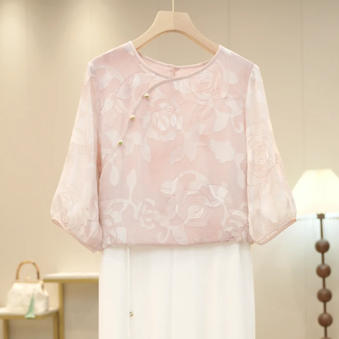 【粉芙蓉】夏季套装新款气质妈妈大码百搭真丝衫