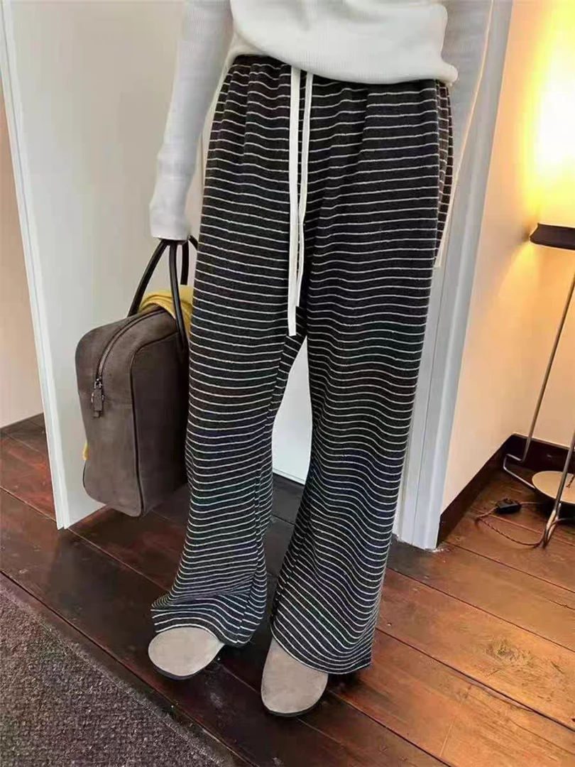2025春款休闲阔腿洋气新款直筒宽松高腰时尚百搭条纹裤阔腿裤长裤