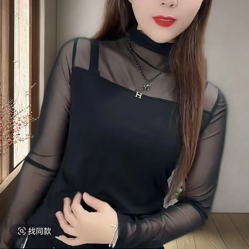 顺抗皱内搭春季纯色常规修身显瘦高领修身型T恤时尚纱网小衫