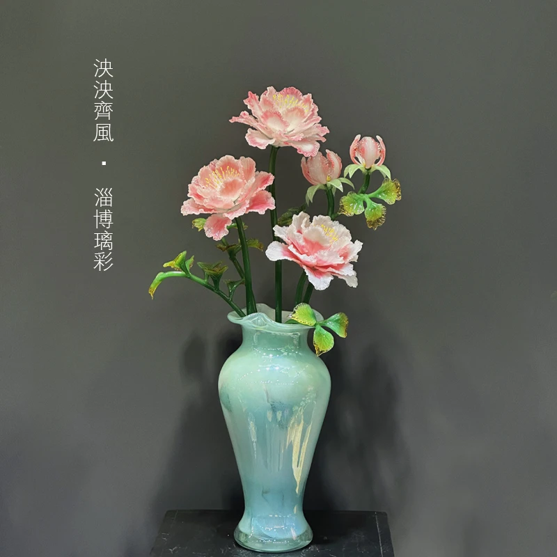 熏金琉璃牡丹客厅玄关装饰高级感轻奢上档次大气入户门新房摆件