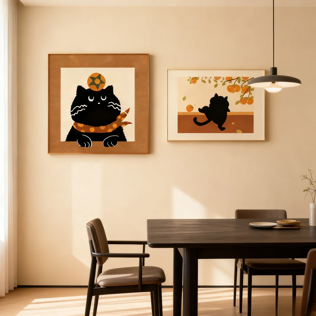 奶油风卧室床头装饰画多巴胺趣味猫咪卡通房间主卧墙壁画餐厅挂画