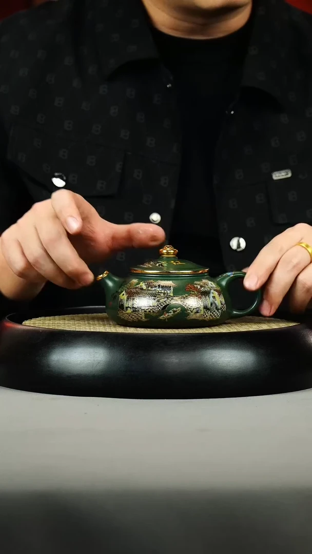 茶壶紫砂绿泥 寒江 珐琅彩 江南水乡