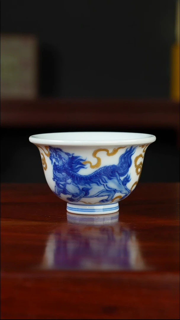 祖传窑  真柴窑传承400年描金双狮压手杯