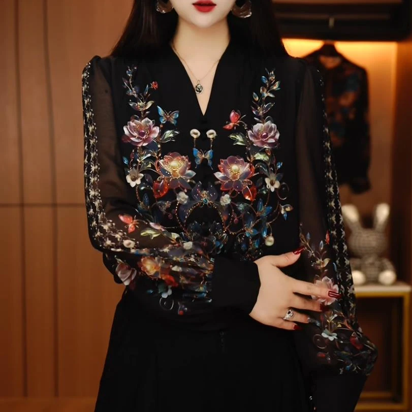 Y250059-春新款琉璃双皱丝时尚洋气百搭显瘦休闲气质印花国风小衫