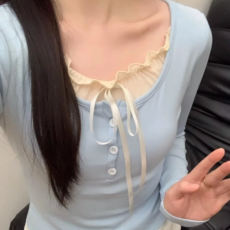 甜系少女风假两件上衣女叠穿蝴蝶结长袖T恤内搭打底衫修身显瘦