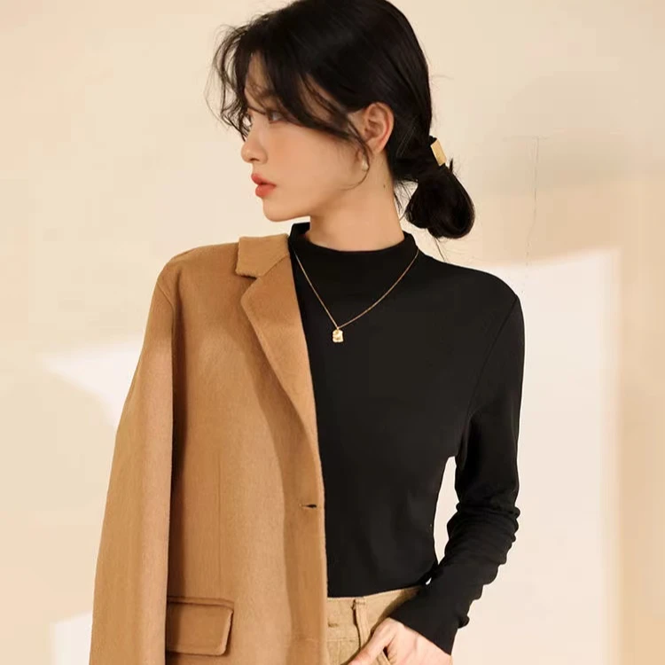 【2件装】新款春秋半高领打底衫女百搭显瘦纯色舒适中领t桖长袖上衣