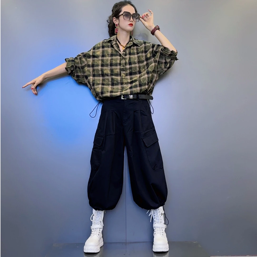 K3-12秋款【绿格 咖格】色格子衬衣-褶皱设计大口袋黑咖色灯笼裤