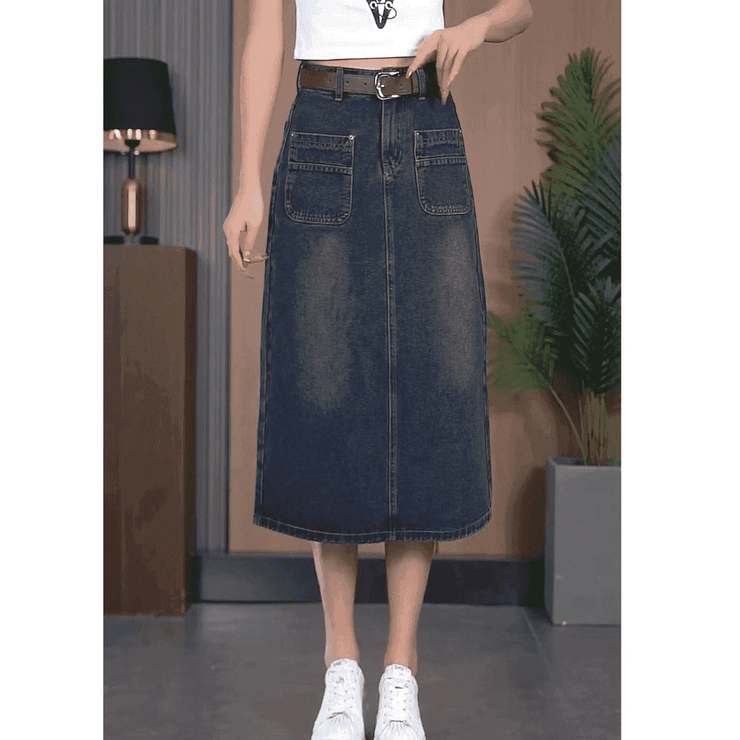 墨黛兰夏季薄款牛仔后开叉高腰半身裙女大码牛仔高腰中长款A字版8