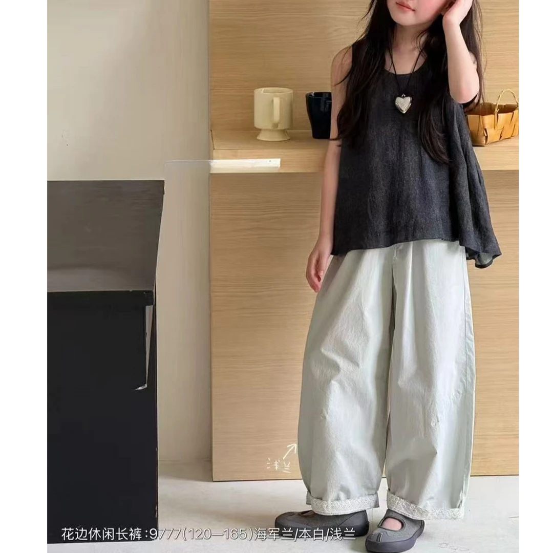 【豪宝贝】2025春夏款净色花边休闲长裤9777