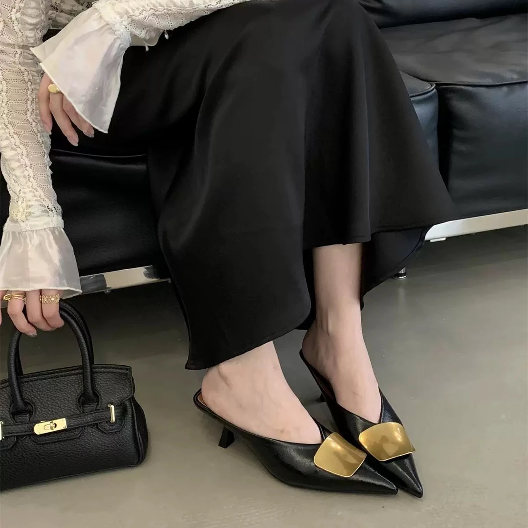 【5cm】6518-35法式细跟包头拖鞋女夏外穿半拖鞋女气质凉拖鞋高跟