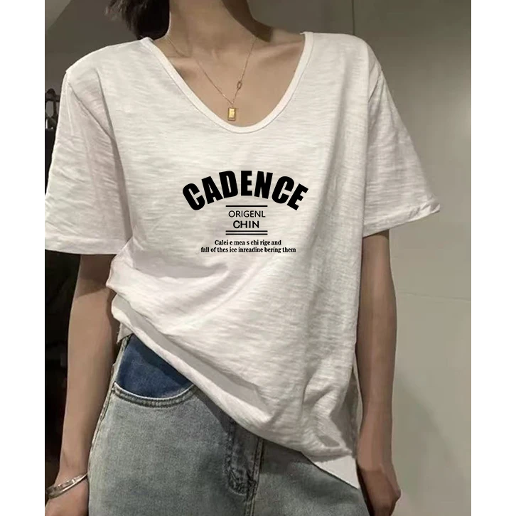 夏季竹节棉白色短袖t恤女慵懒松弛感上衣2024新款宽松v领半袖t恤