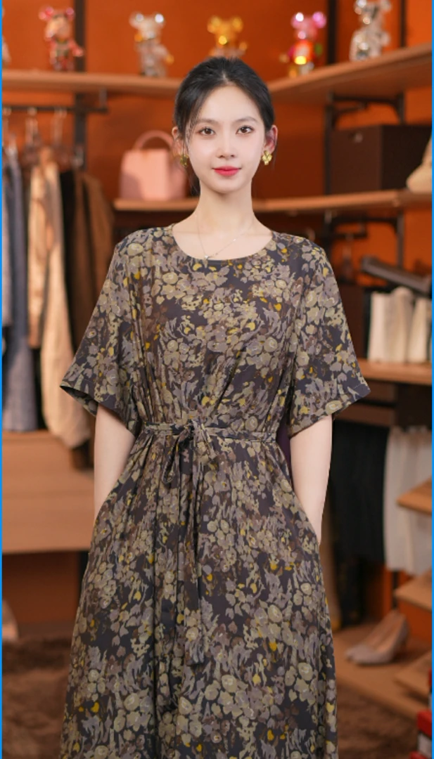 非遗香云纱原创桑蚕丝显瘦连衣裙系带时尚连衣裙