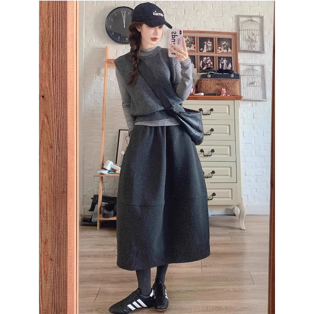 深灰色花苞半身裙女秋冬新款大码胖mm松紧腰宽松显瘦毛呢中长伞裙