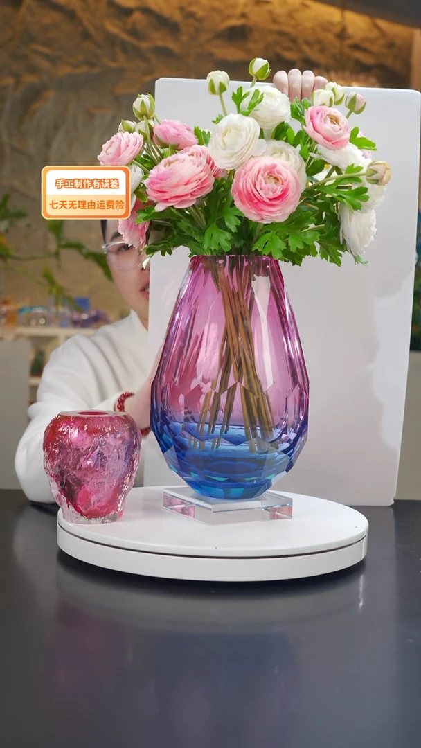 手工艺品琉璃金红蓝钻石切面花器+底座+香薰瓶