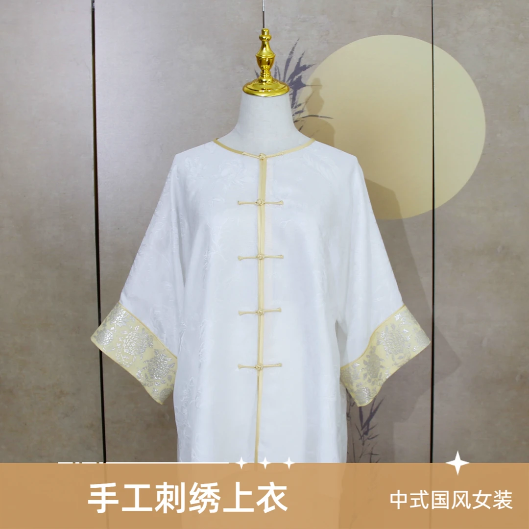 中式国风女装 复古国风刺绣 新中式圆领对襟手工刺绣花罗上衣
