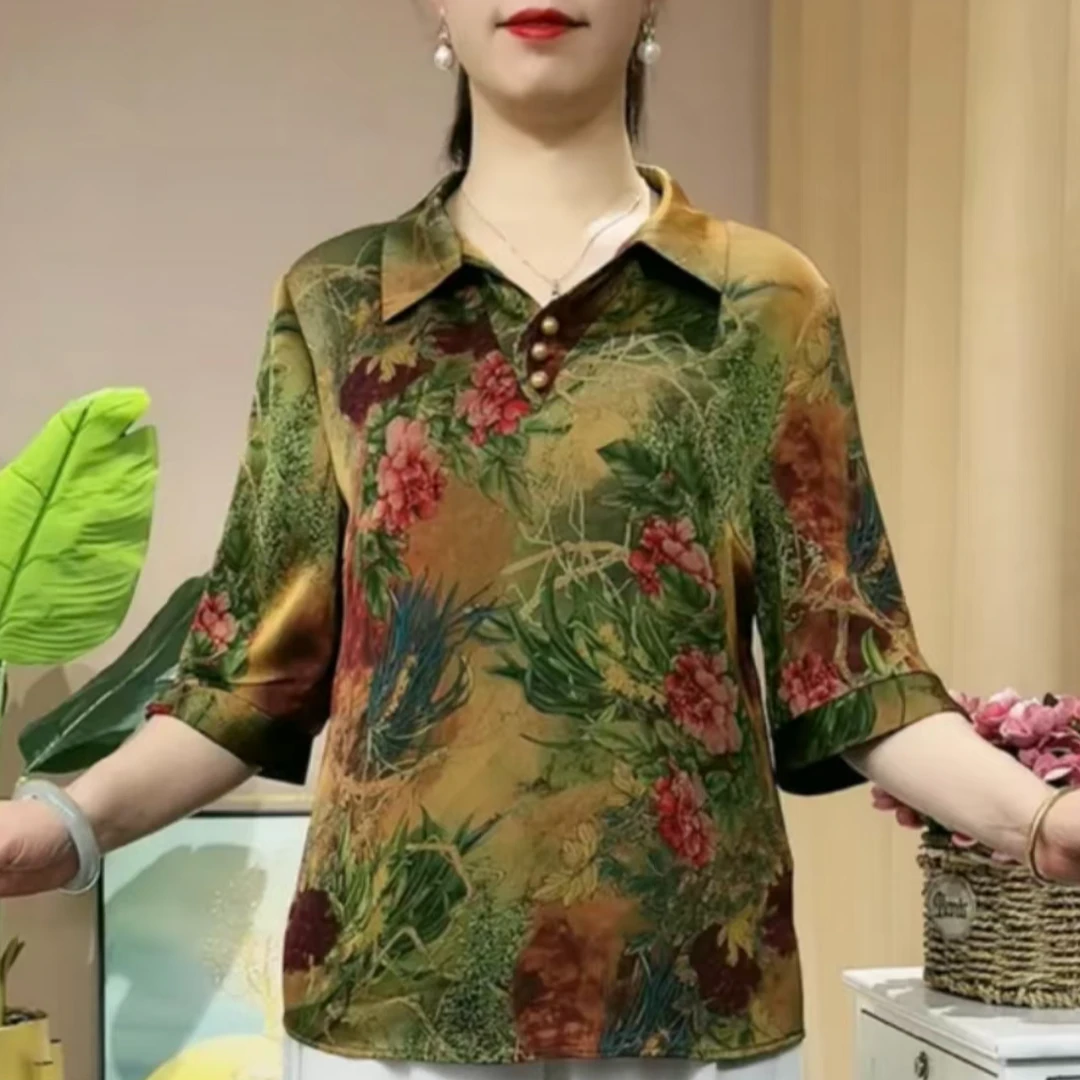 2025新款百搭减龄女装衬衫宽松显瘦气质中老年妈妈七分袖翻领夏装