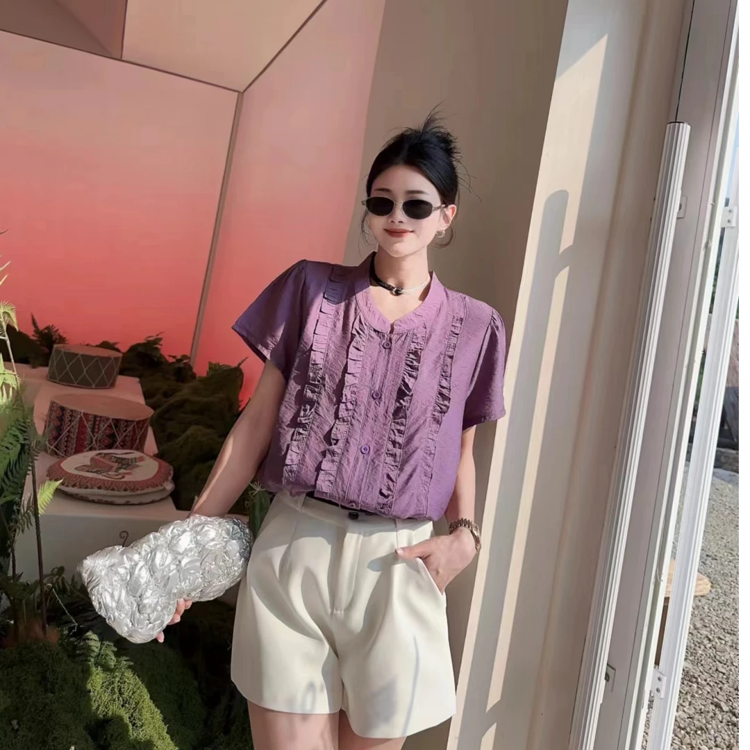 9529-韩式简约纯色木耳边气质大码半袖衫