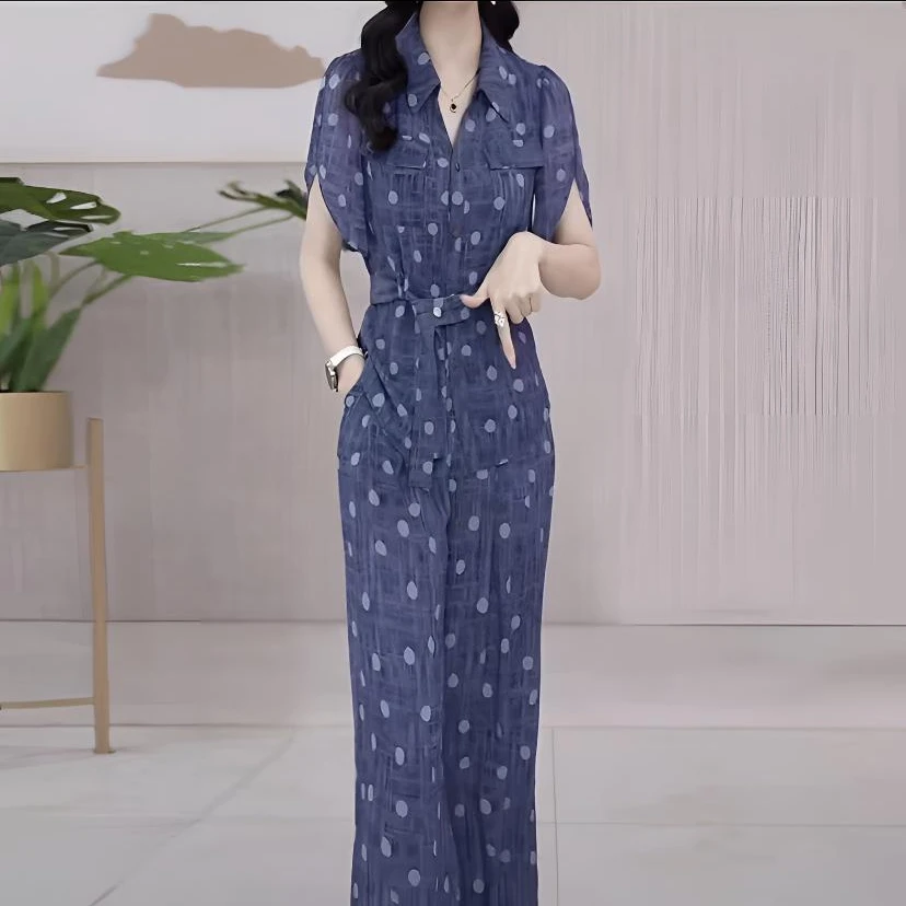 时尚气质显瘦设计感套装夏季绑带短袖上衣阔腿裤休闲两件套