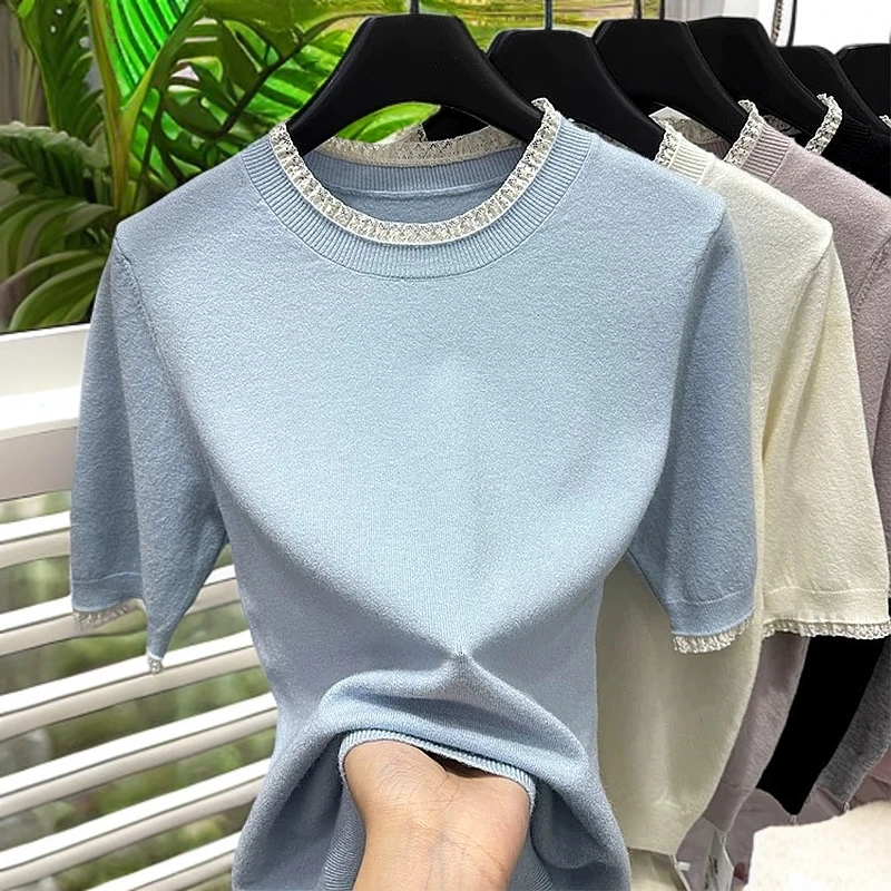 设计感蕾丝边圆领中袖针织衫女2025春季内搭打底衫上衣