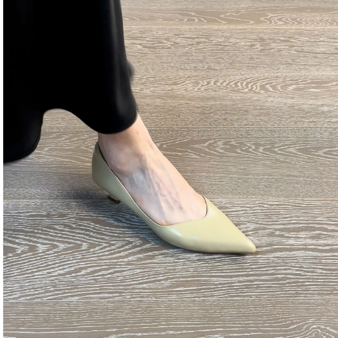 4.5CM头层牛皮百搭小众通勤气质办公室职业优雅简约真皮尖头女鞋