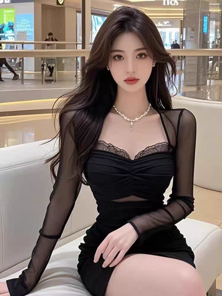 奶瓶家大码纯欲性感气质黑色网纱拼接新款修身显瘦内搭