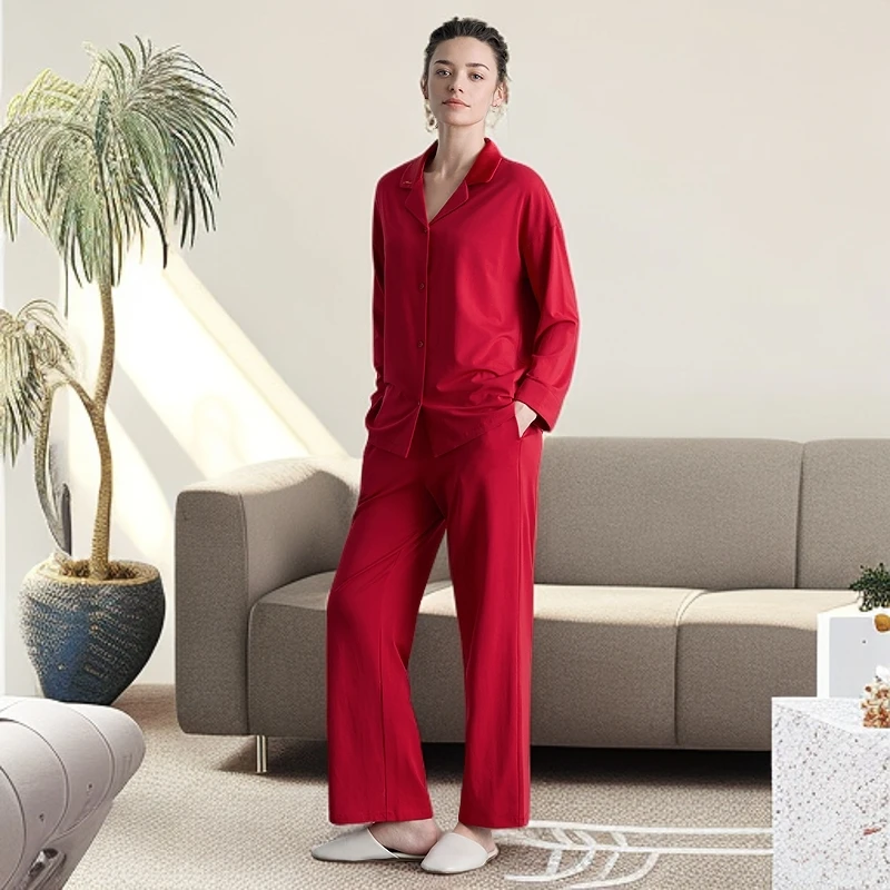 爱慕睡衣睡裤25AW逸家春秋女士休闲翻领开衫长袖分身套装AM46B981