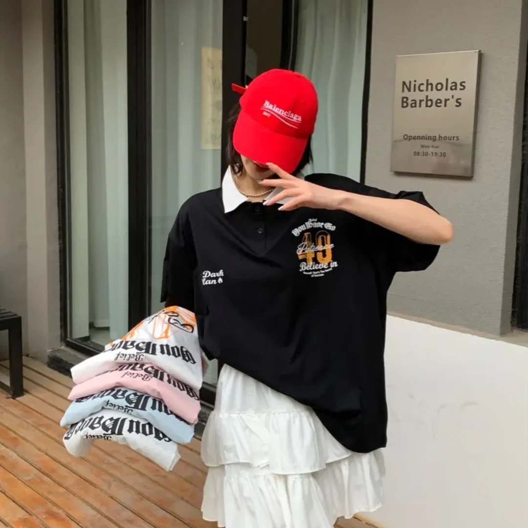 0461【夏季新款】数字49美式复古翻领T恤（8370）