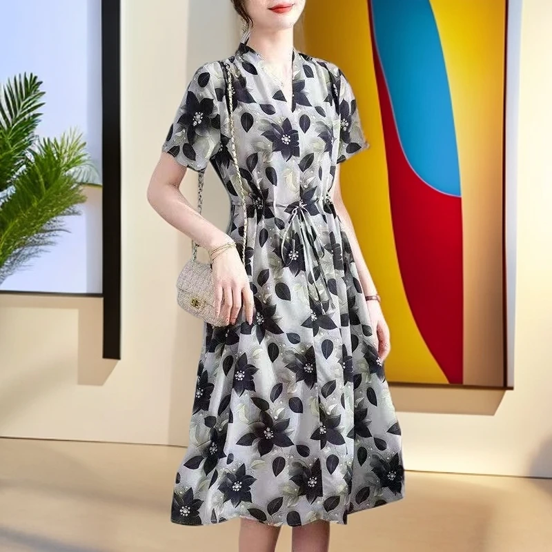 妈妈夏季短袖碎花气质连衣裙宽松时尚减龄中老年女士长裙裙子优雅
