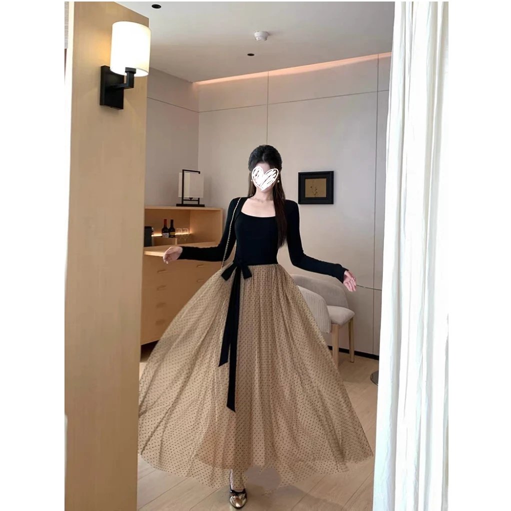 【坏女人拥有一切】长袖连衣裙女冬磨毛气质坎肩撞色长裙#Y7562