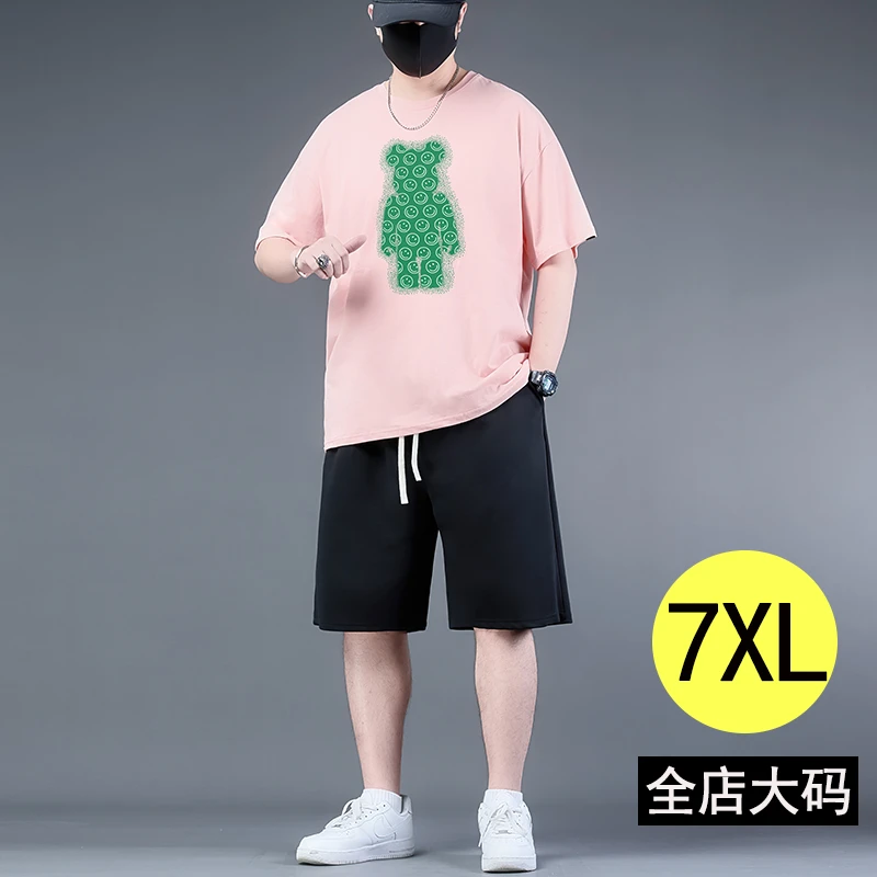 大码短袖男士潮流T恤宽松上衣新款加肥加大半袖胖子男夏季套装