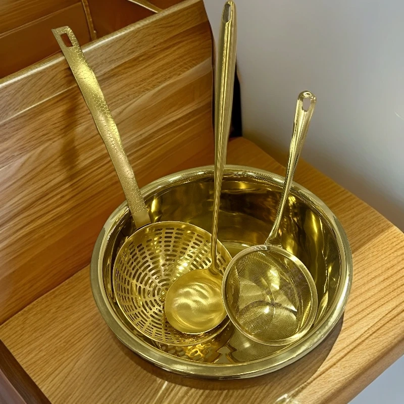 金色不锈钢厨具套装4件套（30CM不锈钢盆+炒菜勺子+漏勺+捞面漏勺）