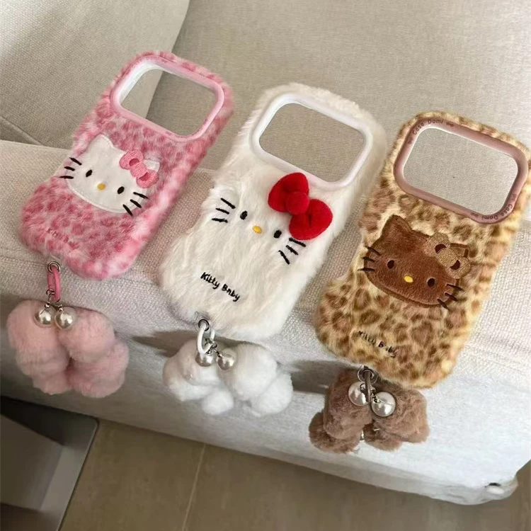 ins少女心毛绒豹纹大脸Kitty适用iPhone17pro手机壳16promax手提