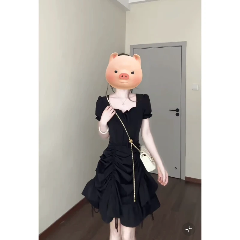 大码夏季新款纯色三穿长裙气质感收腰显瘦连衣裙洋气黑色方领裙子