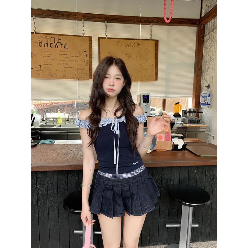 法式独特漂亮小衫一字领花边系带别致上衣拼接辣妹半身裙百褶裙女