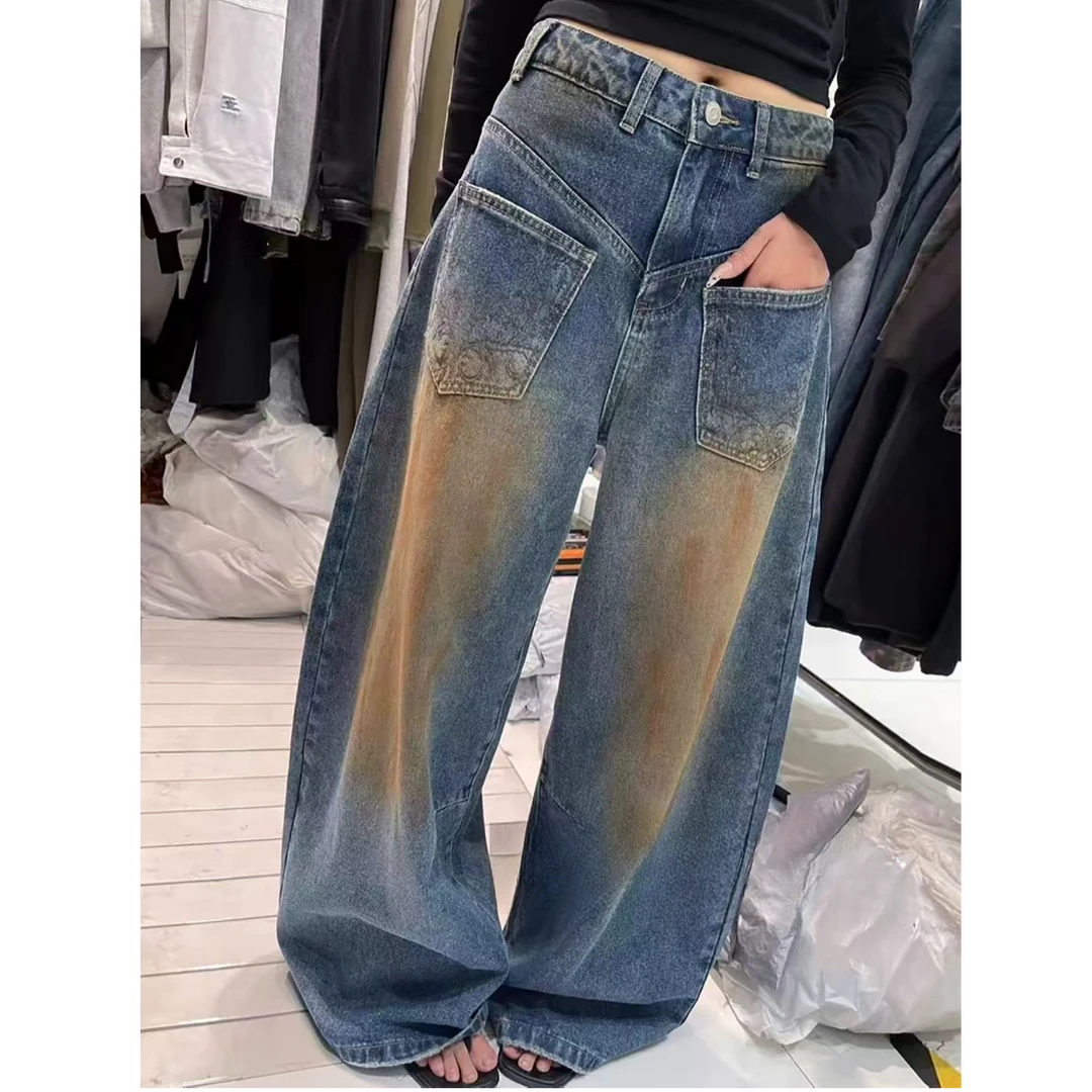 美式扎染涂鸦撞色设计感刺绣阔腿牛仔裤女早秋新款宽松时尚潮流款
