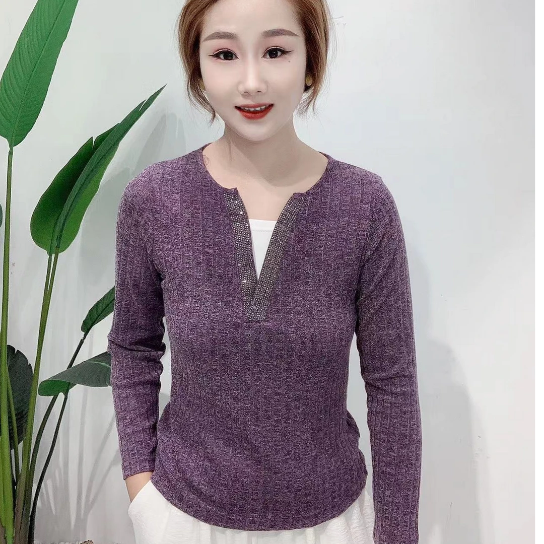 2701长袖烫钻V领假两件常规拼接女T恤套装香槟色针织休闲