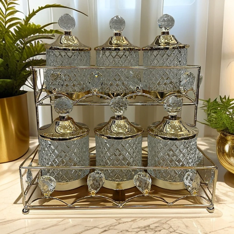 水晶玻璃家用高档调料罐7件套+带架子
