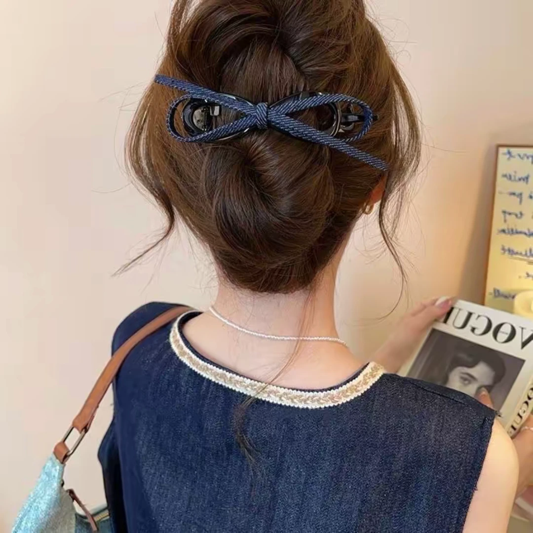 【盛鑫】复古牛仔蝴蝶结扭扭夹女高级感2025新款一字抓夹盘发夹发饰