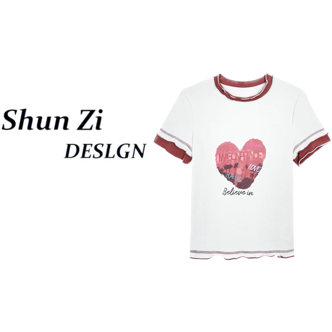 顺子/SZ7029 夏季新款莱赛尔天.丝拼接花边刺绣印花打底莱短袖T恤