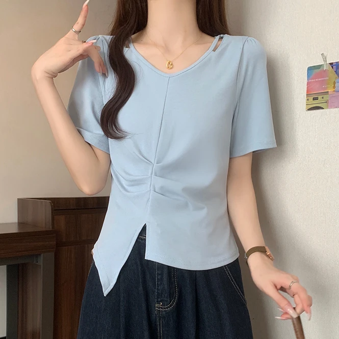 胖MM大码女装不规则夏季短袖显瘦2025新款v领宽松设计感百搭T恤女